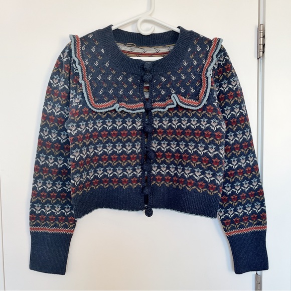 NEW SEA Anna Ruffled Cropped Merino Wool-jacquard Cardigan M Women - Picture 4 of 10